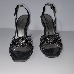 Anne Klein Women's Heel Open Toe sling back Strap Dark Silver Patent y2k Sandals